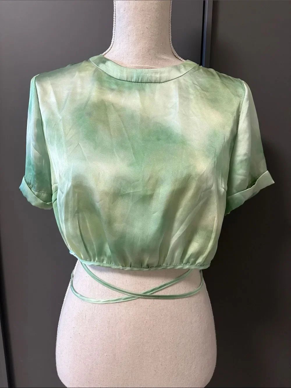 Topshop Light Green Tie-Dye Satin Crop Top with Wrap Detail